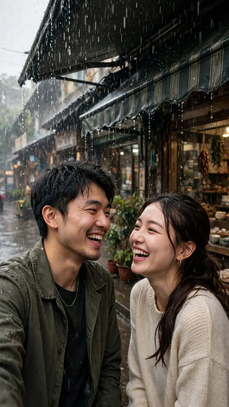 Rainy Awning Couple Laugh