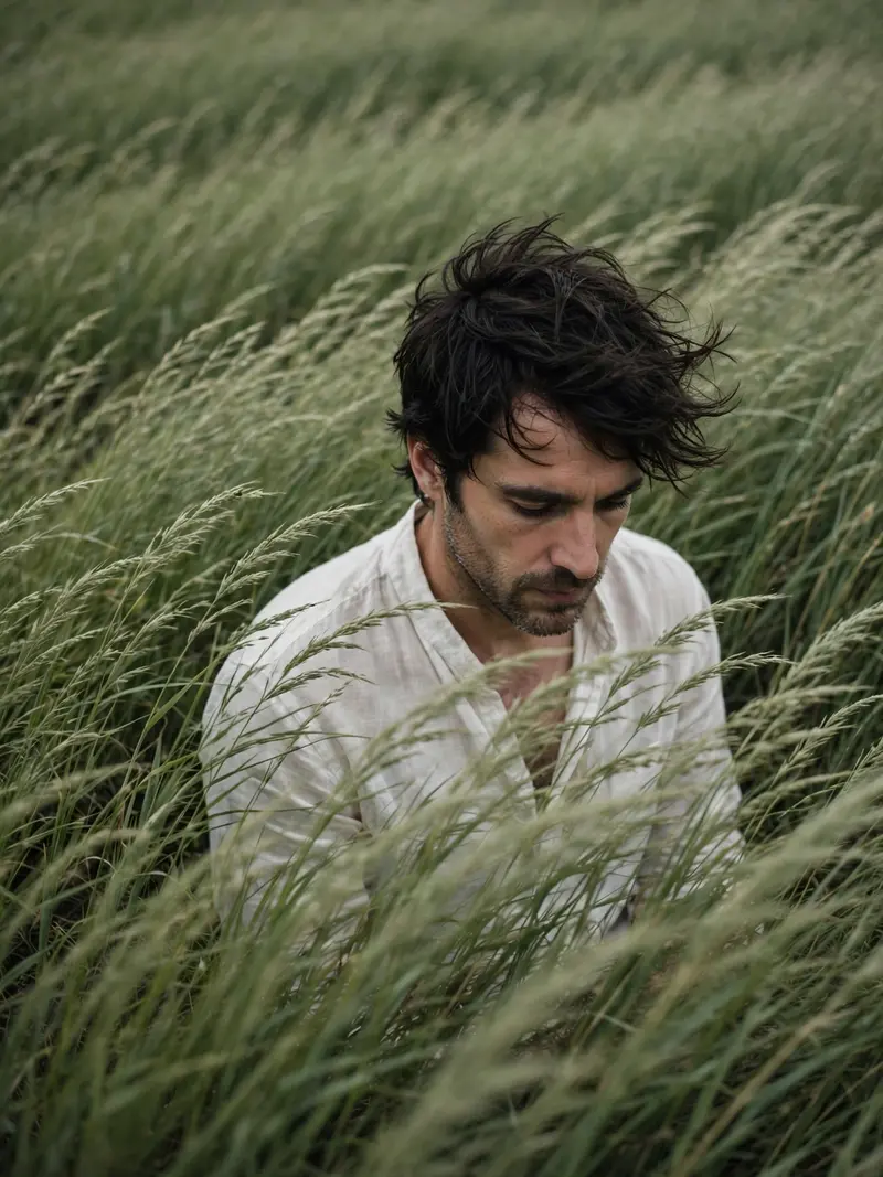 Close-Up Man in Windswept Grass