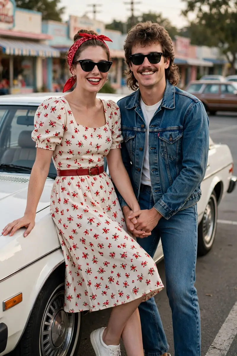 Retro 80s Couple Car Pose