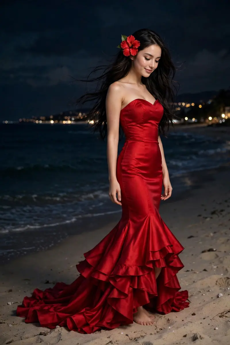 Night Beach Red Gown Portrait