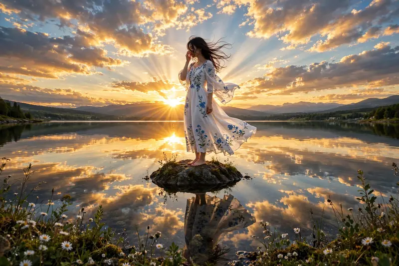 Sunset Lakeside White Dress Portrait