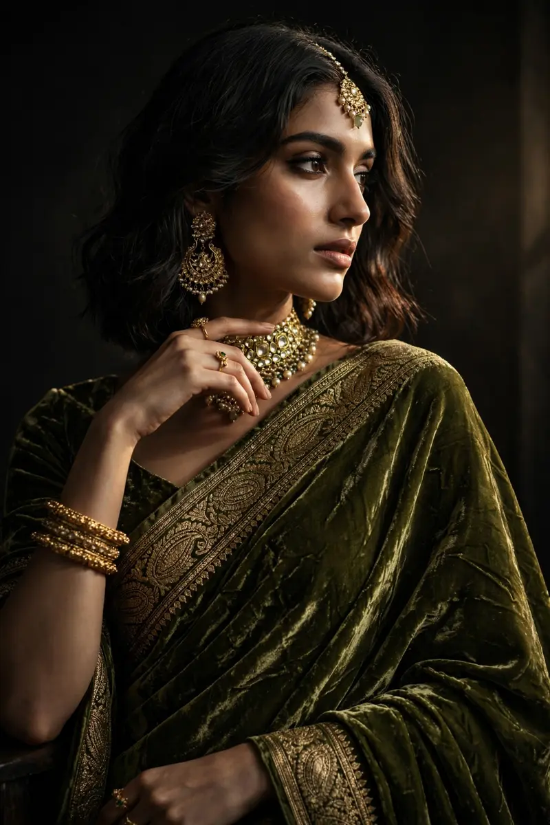 Olive Velvet Saree Portrait