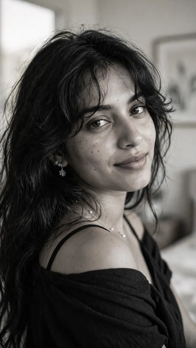 Black-And-White Aesthetic Bedroom Portrait