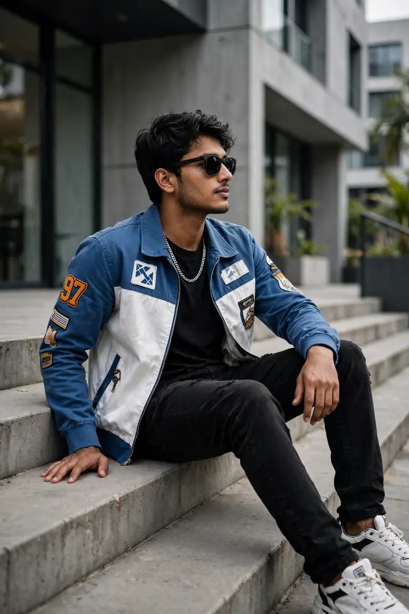 Blue Varsity Jacket Sit-Down Portrait
