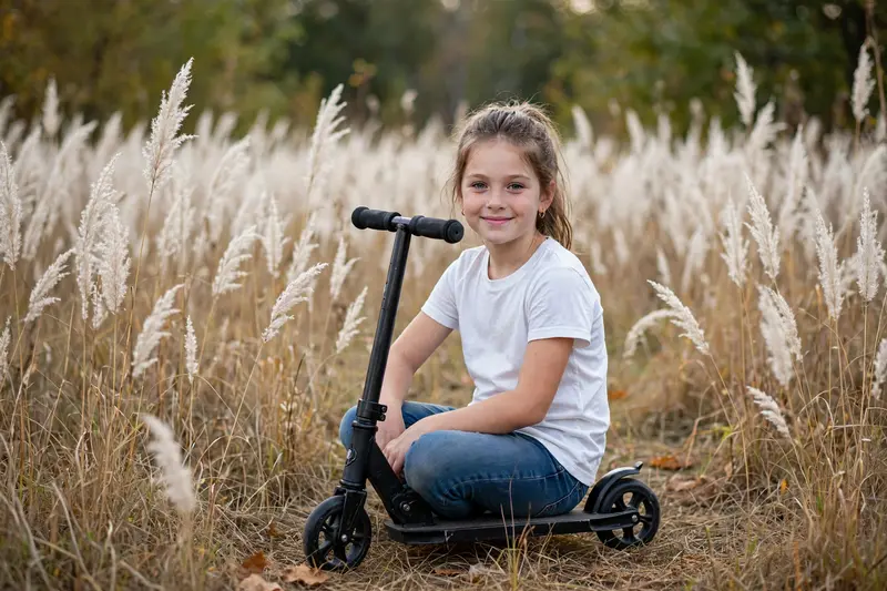 Young Girl Sitting on a Black Scooter