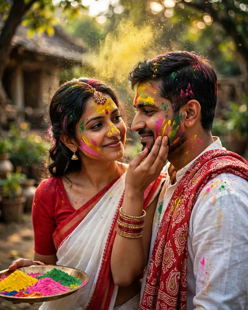 DSLR Photo of an Indian Couple Celebrating Holi