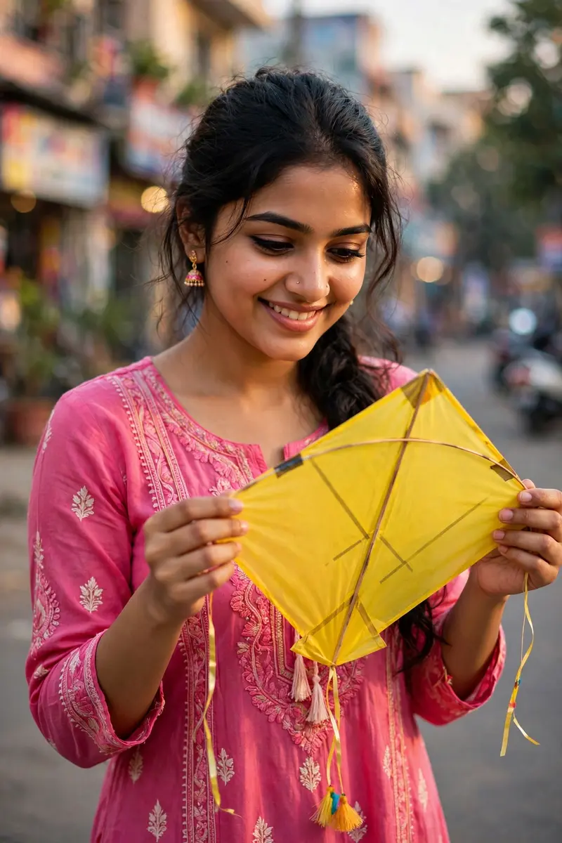 Makar Sankranti Girl with Yellow Kite