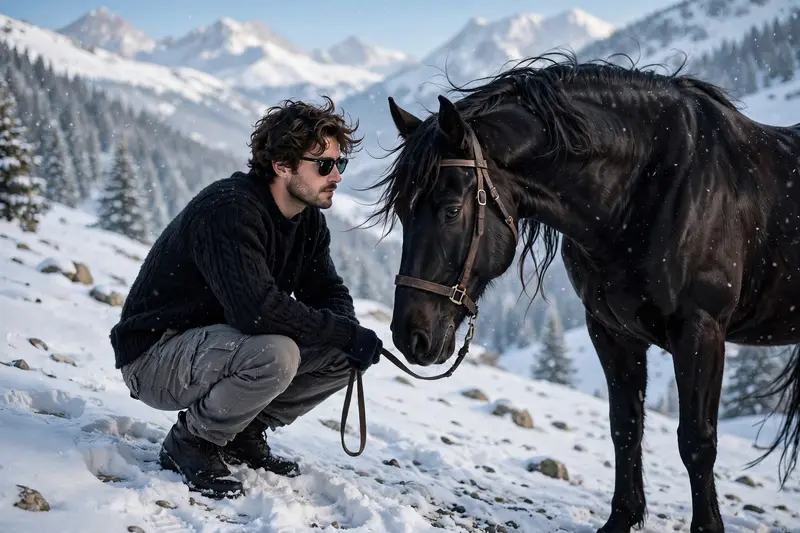 Person Crouching Beside Black Horse