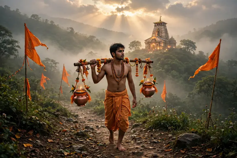 Devoted Young Indian Man with Kanwar