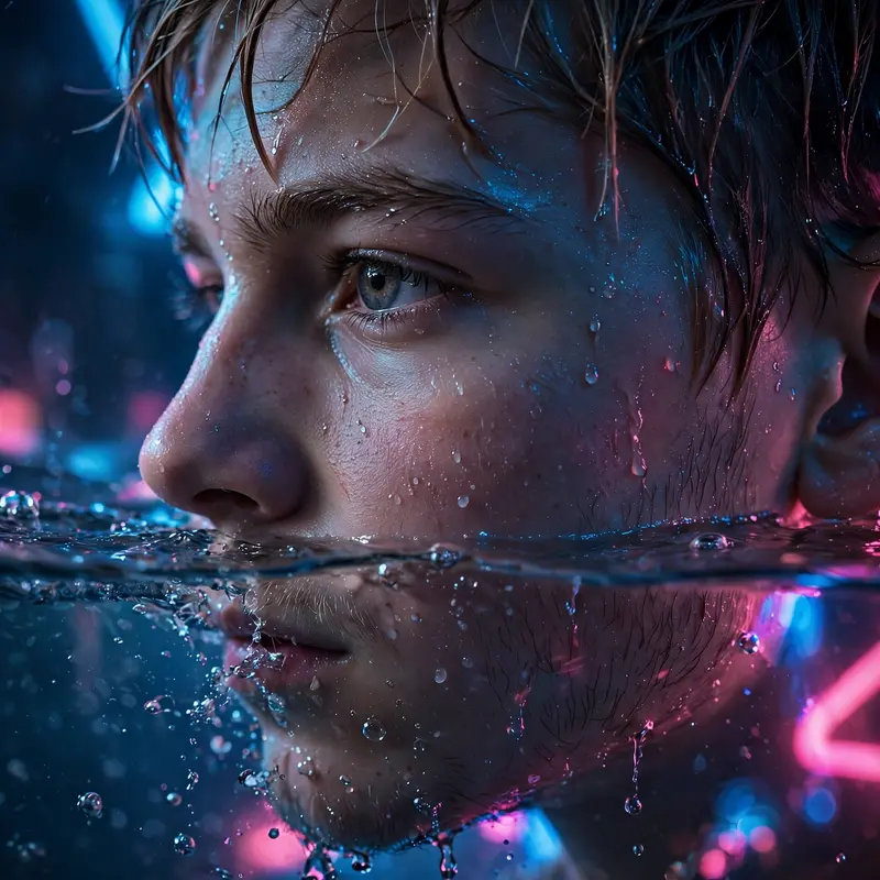 Boy Half-Immersed in Water with Neon Lights