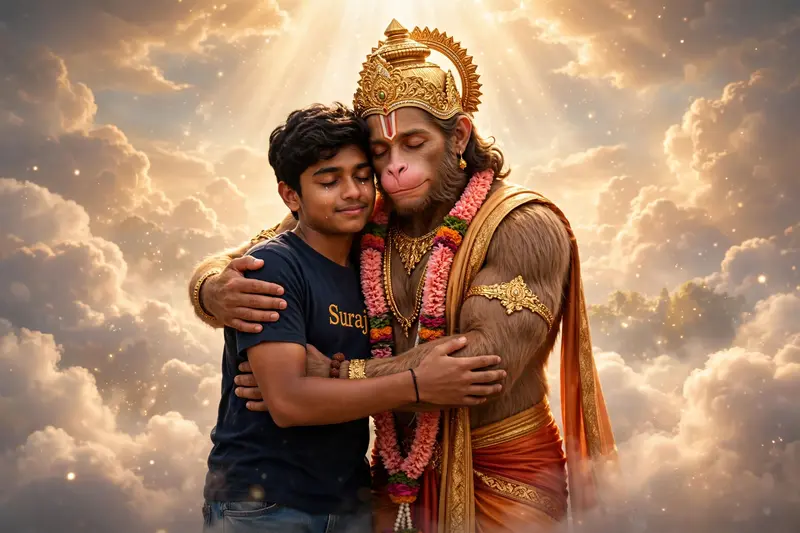 Boy Hugging Divine Hanuman