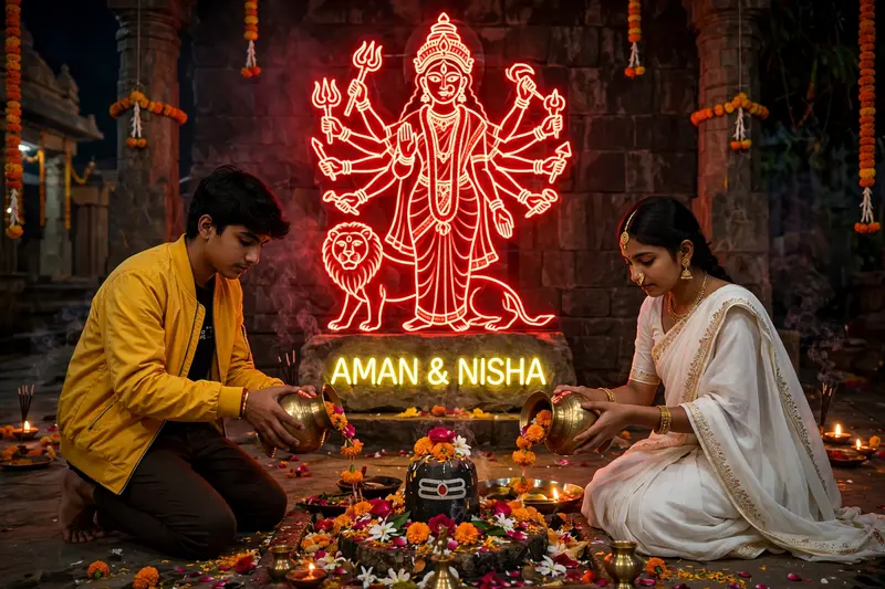 Navratri Barefoot Couple with Durga Neon