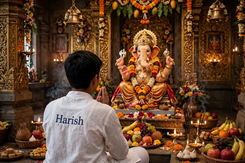 Boy Praying Before Ganesh Idol