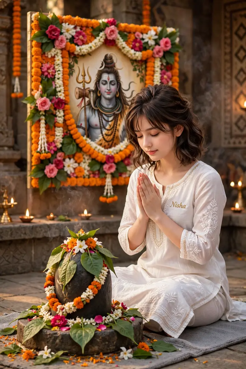 Girl Praying Before Shivling