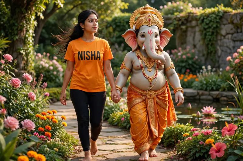 Girl Walking with Lord Ganesha