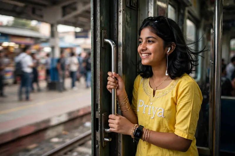 Girl at Train Door in Yellow Kurti