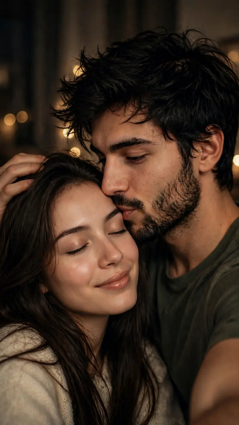 Romantic Couple Forehead Kiss Selfie