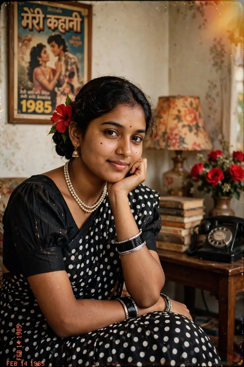 1980s Polka Dot Saree Portrait Prompt
