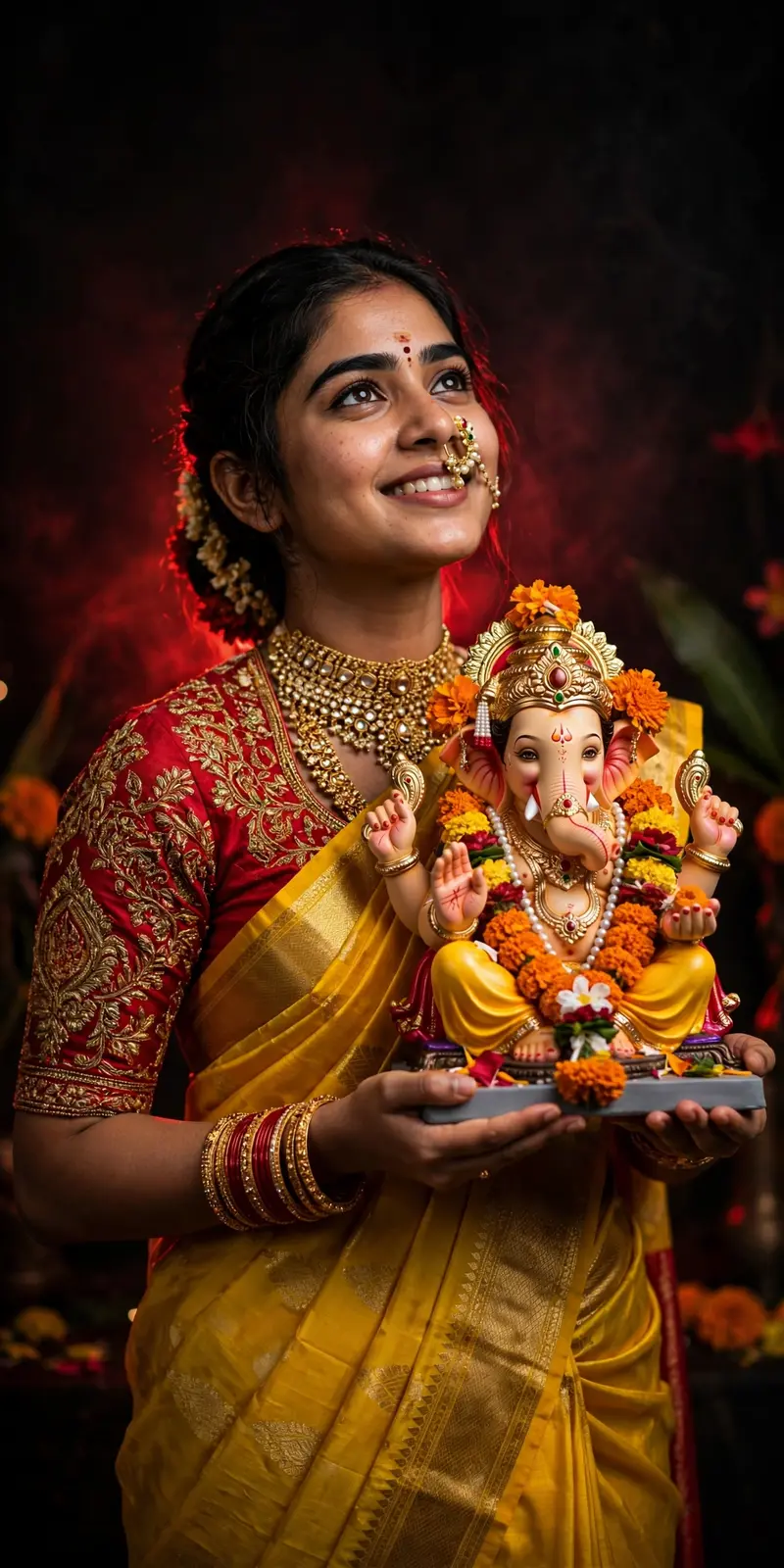 Ganpati Yellow Nauvari Saree Portrait