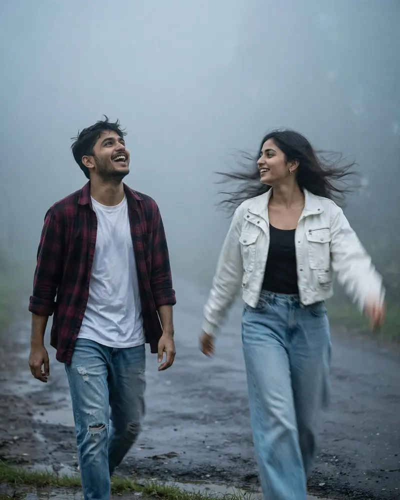 Rainy Monsoon Fog Couple Walk Prompt
