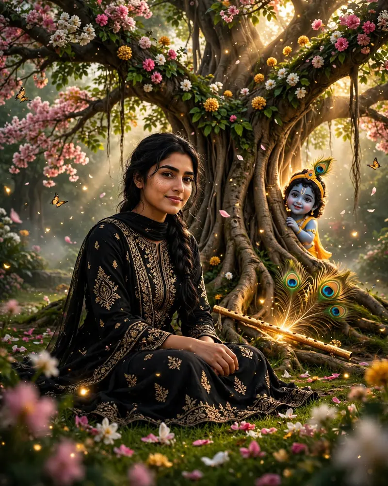 Little Krishna Behind Tree Photo Prompt