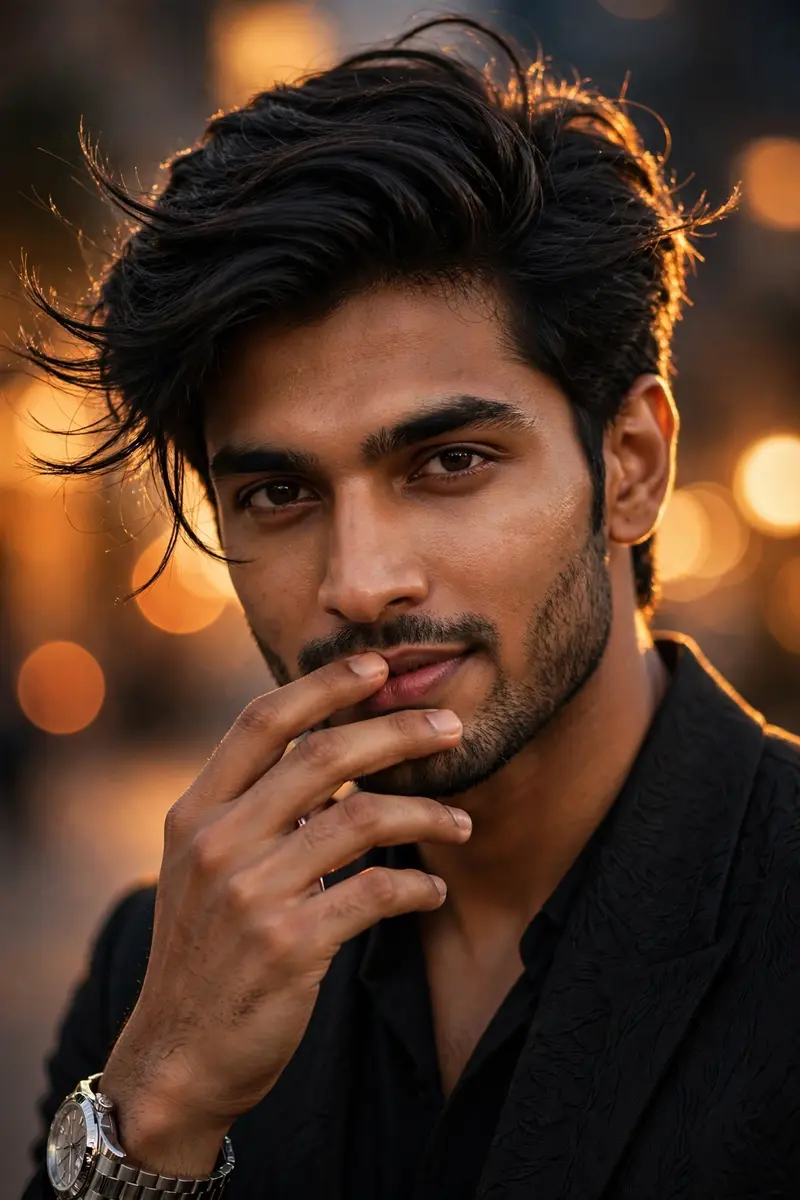 Close-Up Black Shirt Portrait Prompt