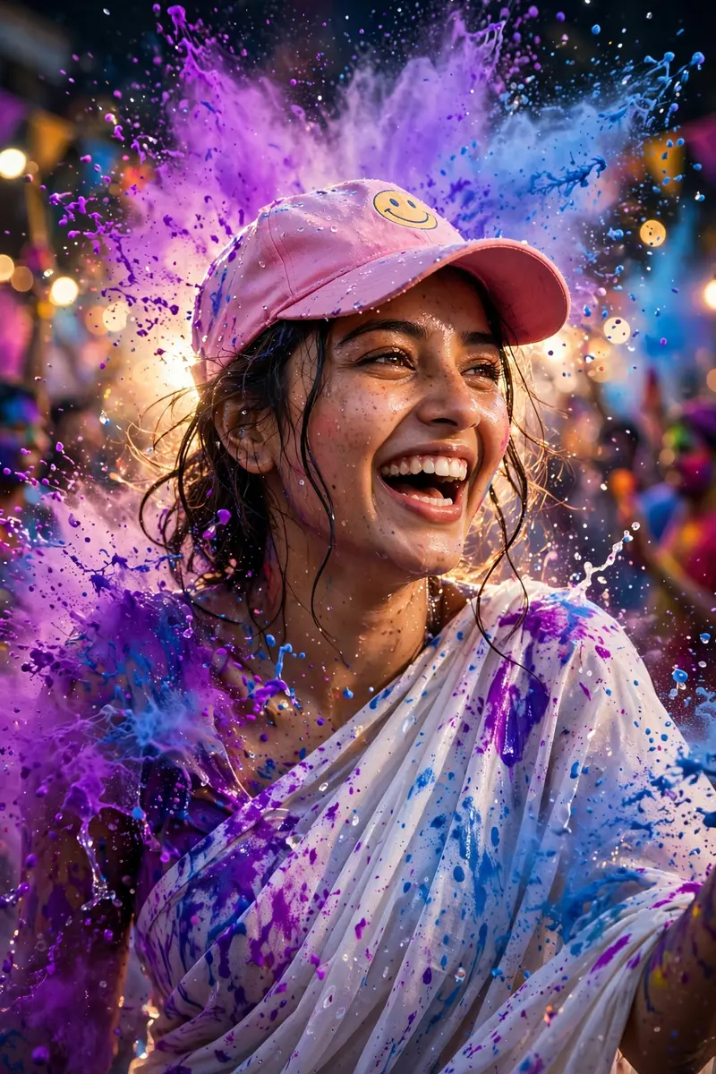 Holi Neon Powder Saree Photo Prompt