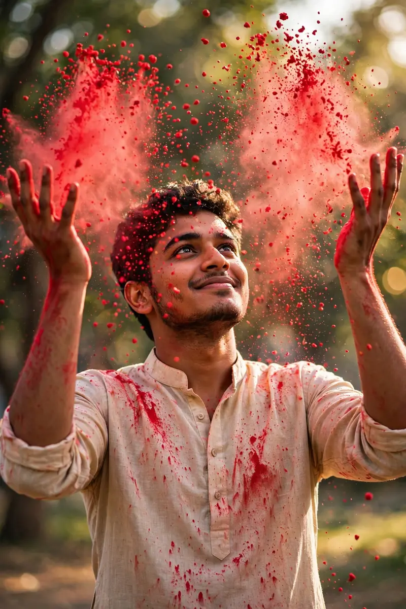 Holi Red Gulal Kurta Photo Prompt