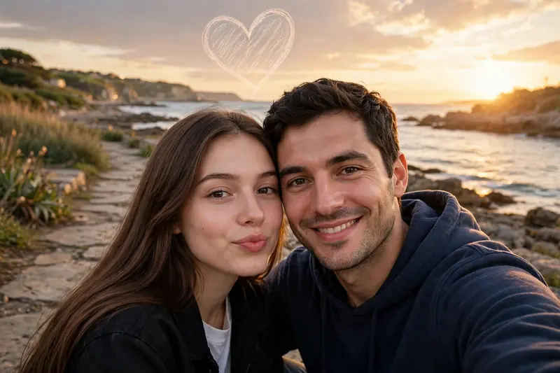 Seaside Golden Hour Couple Selfie Prompt