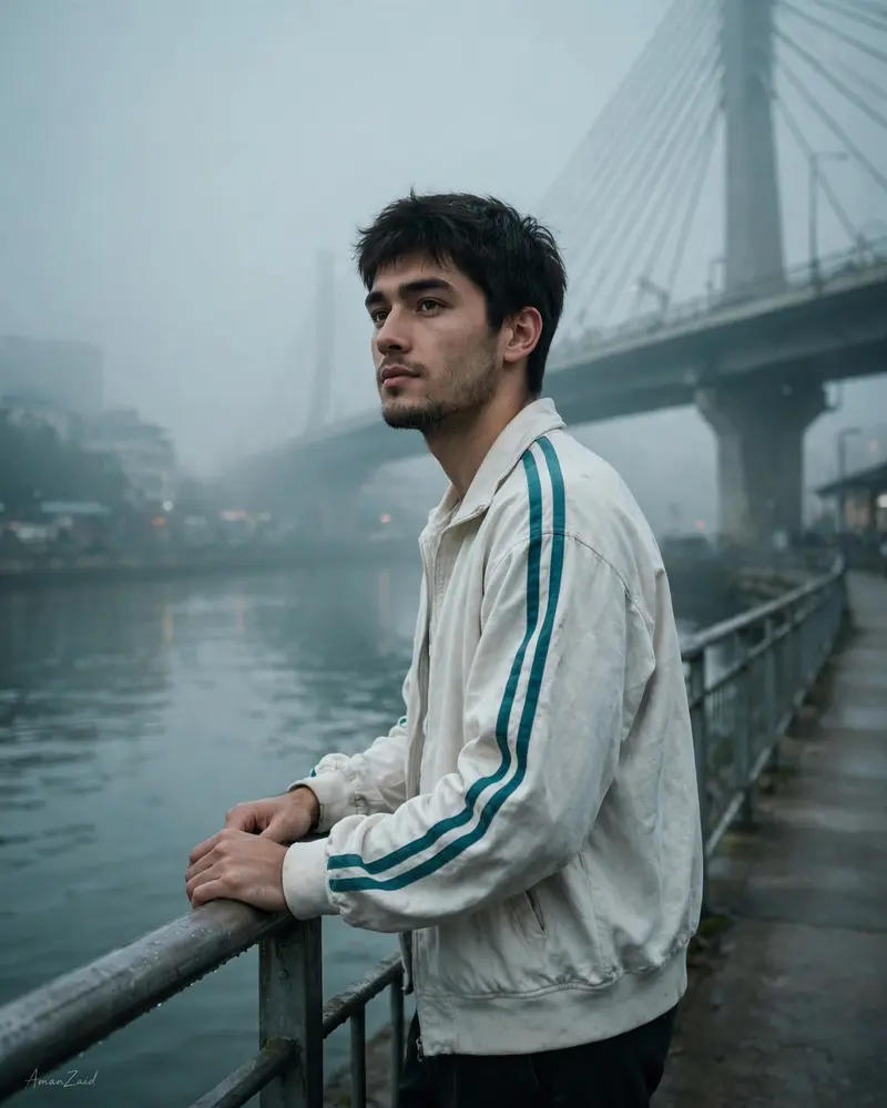 Winter Fog Riverside Portrait Prompt