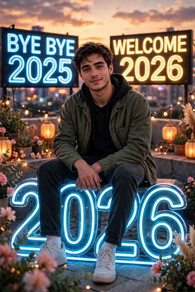 New Year Neon 2026 Digits Photoshoot Prompt