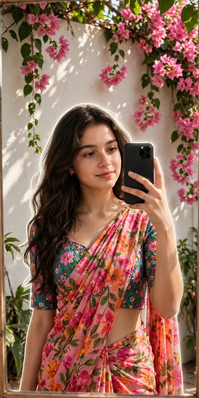 Floral Saree Mirror Selfie DP Prompt