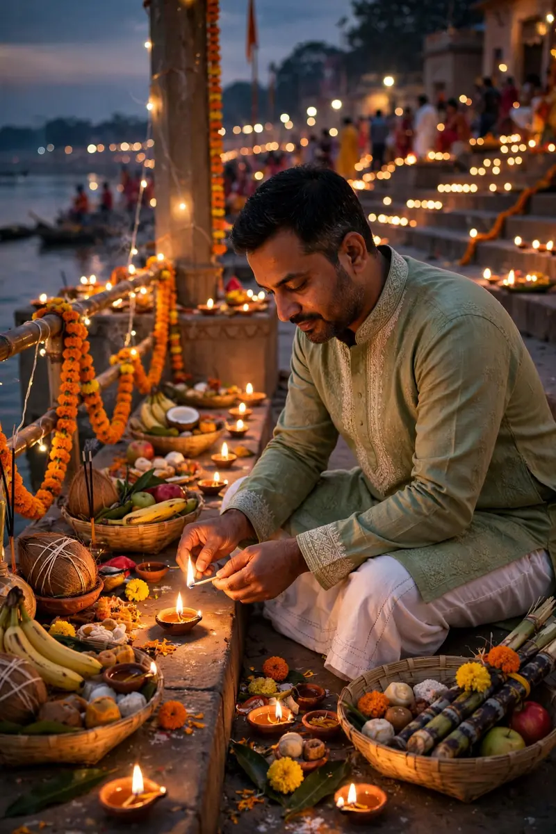 Chhath Puja Lamp Lighting Ghat Prompt
