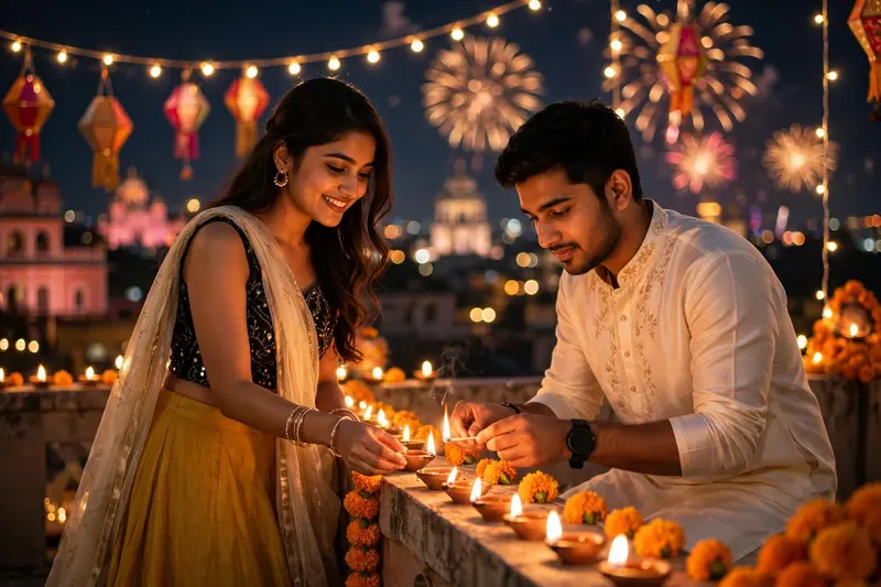Diwali Rooftop Couple Portrait Prompt
