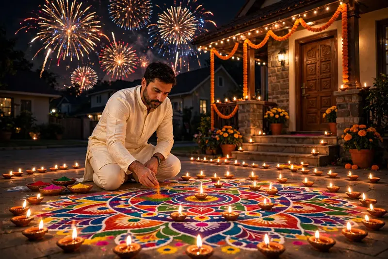 Diwali Rangoli Cream Kurta Prompt