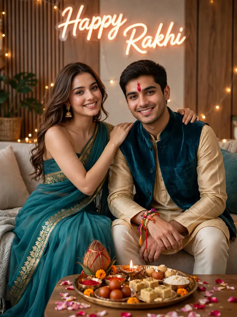 Rakshabandhan Teal Saree Sibling Photo Prompt