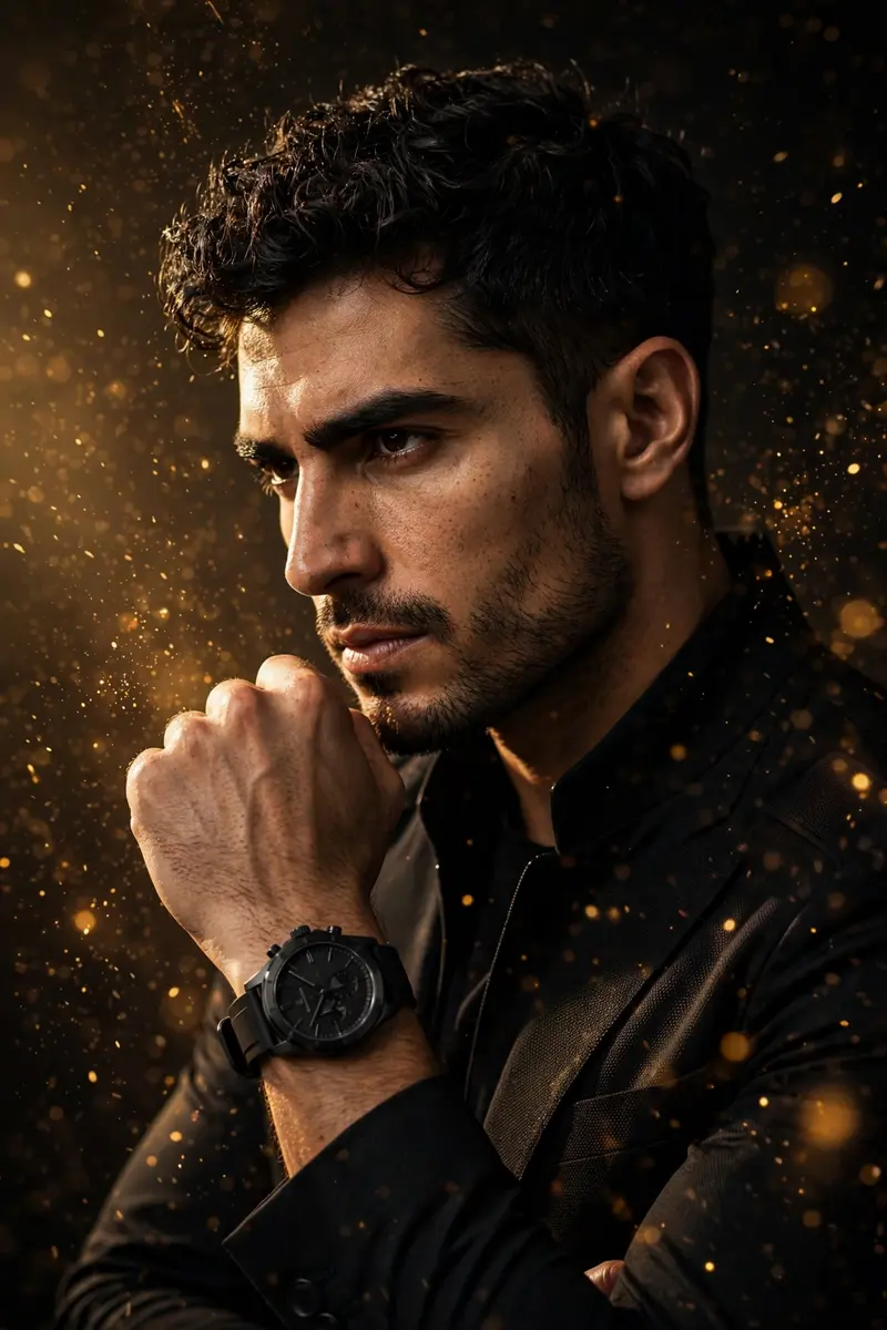 Golden Particles Moody Watch Portrait Prompt