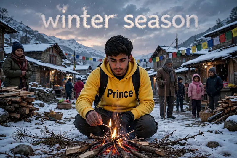 Winter Snowy Village Bonfire Boy Prompt