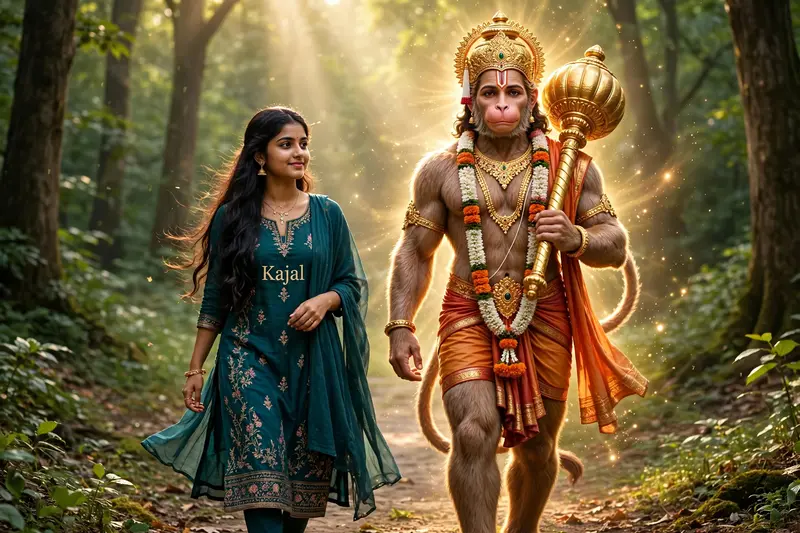 Girl Walking With Hanuman Ji Prompt