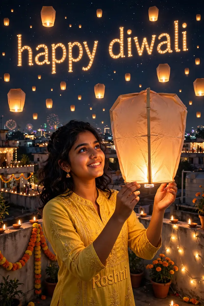 Diwali Sky Lantern Girl Rooftop Prompt