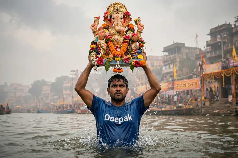 Ganpati Visarjan Water Boy Statue Prompt