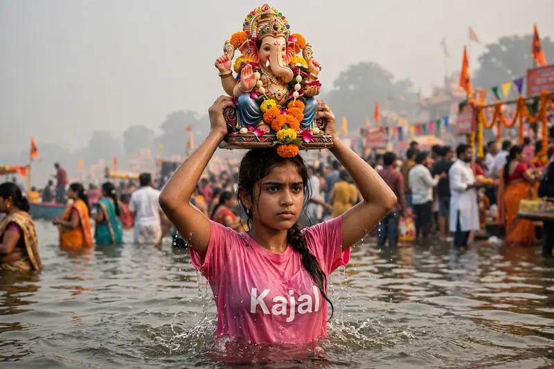 Ganpati Visarjan Water Girl Statue Prompt