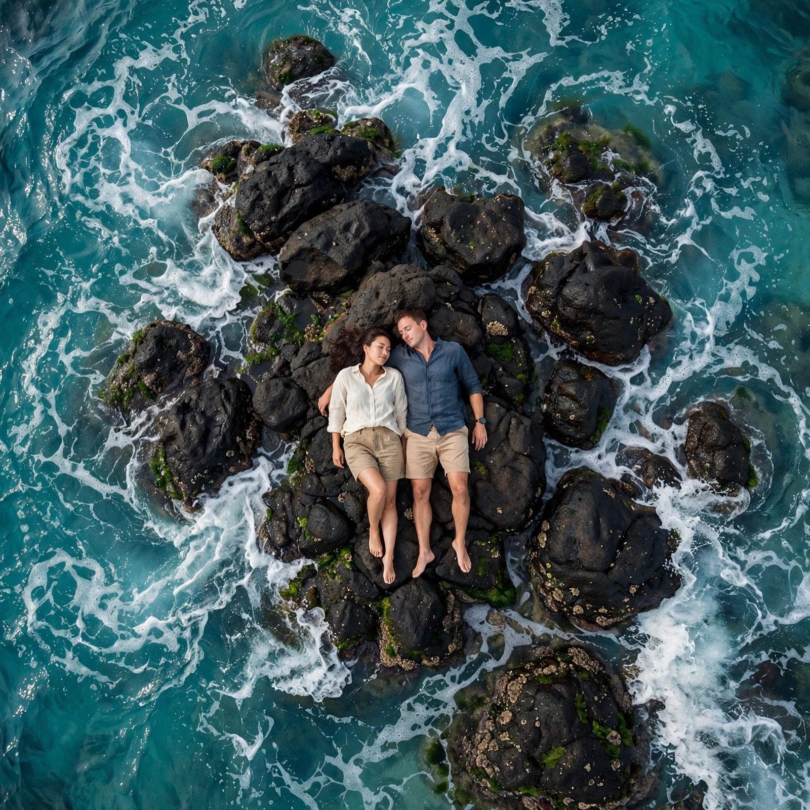 Beach Rocks Aerial Couple Portrait