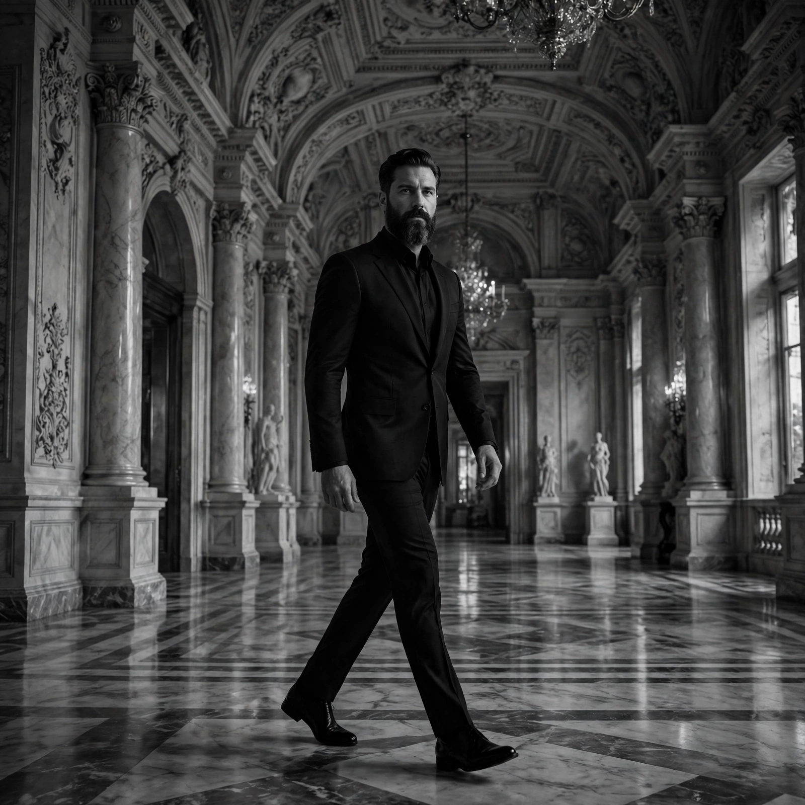Black And White Hall Walk Portrait Prompt
