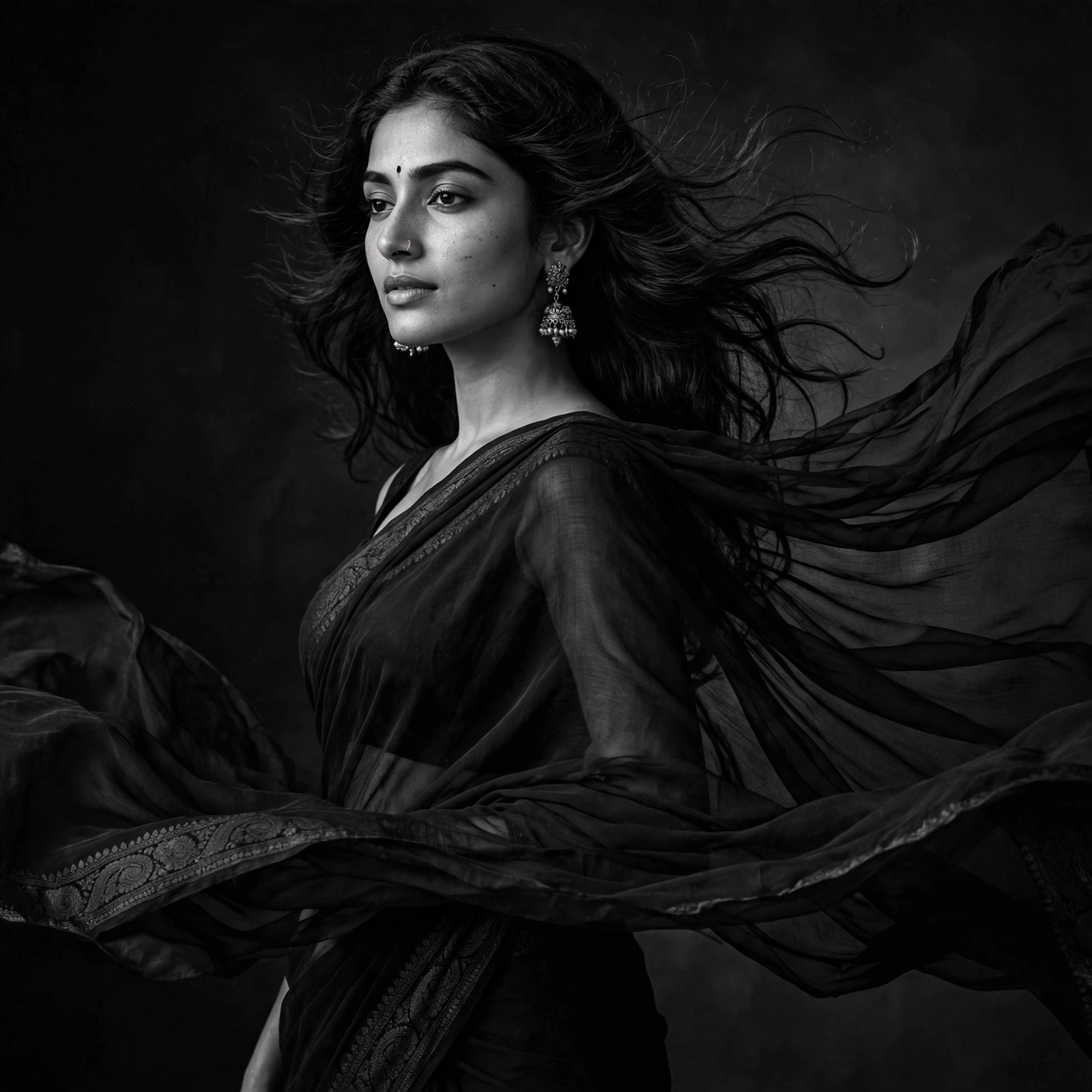 Black and White Saree Editorial Portrait