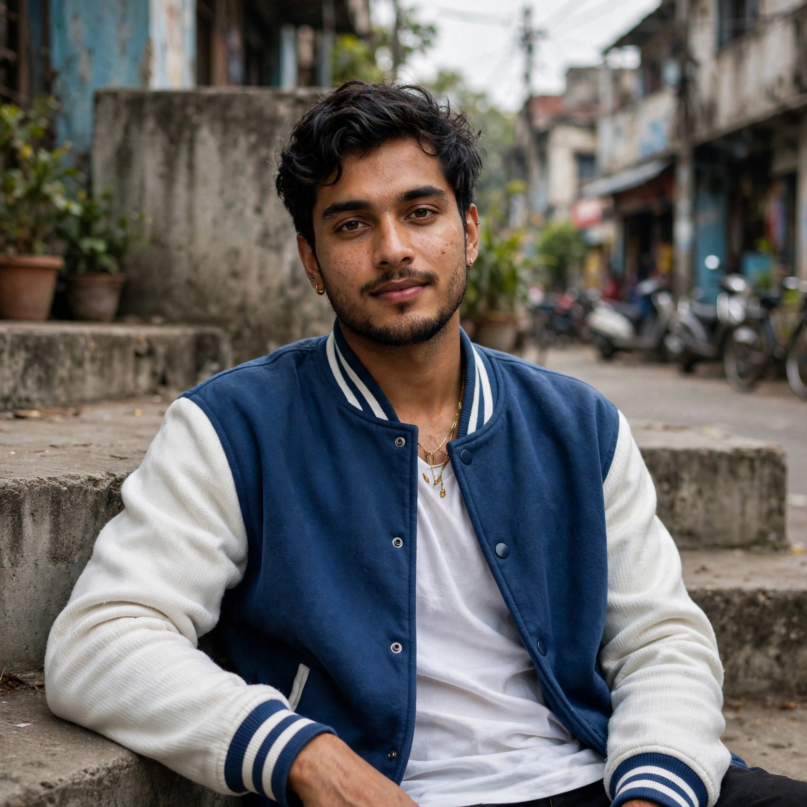 Blue Varsity Jacket Sit-Down Portrait