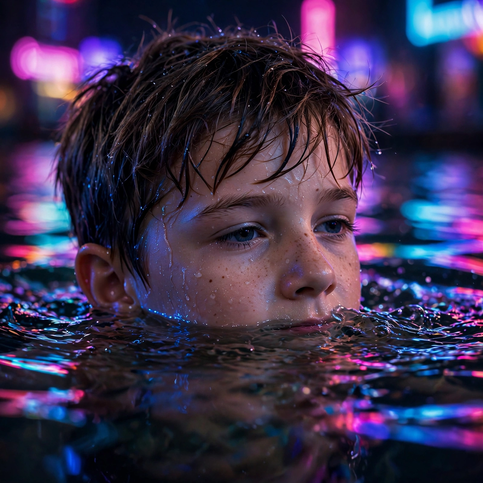 Boy Half-Immersed in Water with Neon Lights