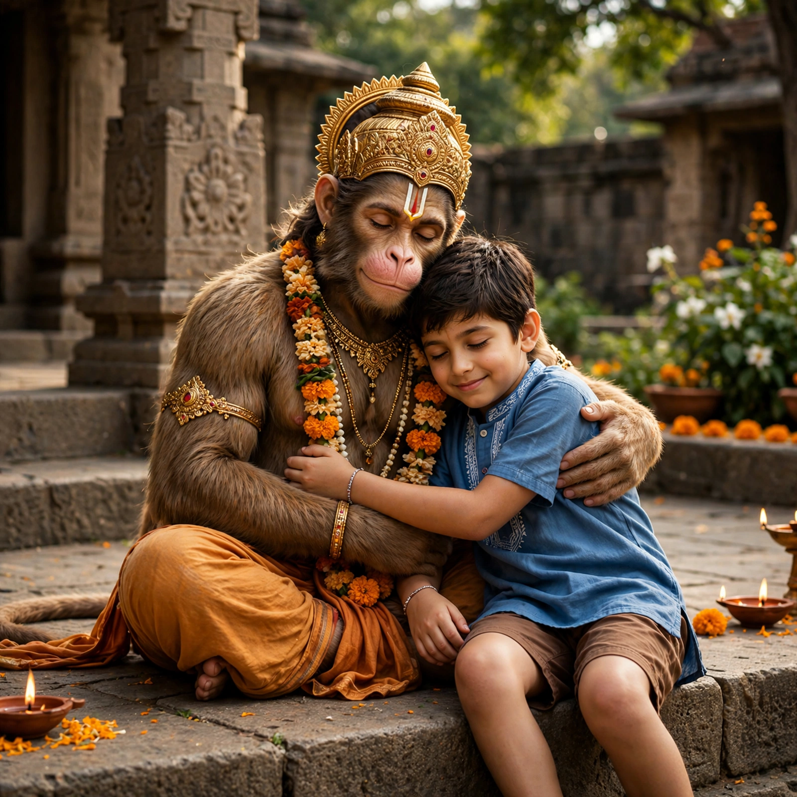 Boy Hugging Divine Hanuman