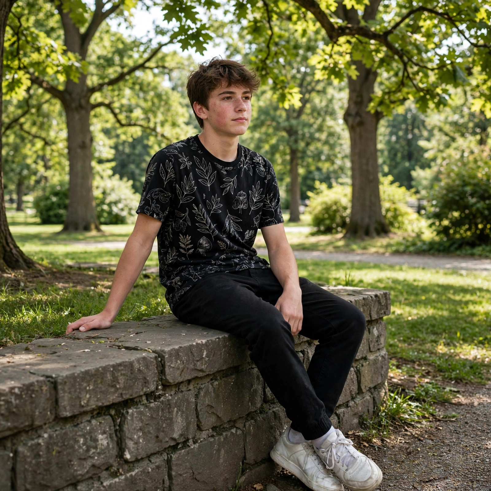Boy Sitting on Park Wall