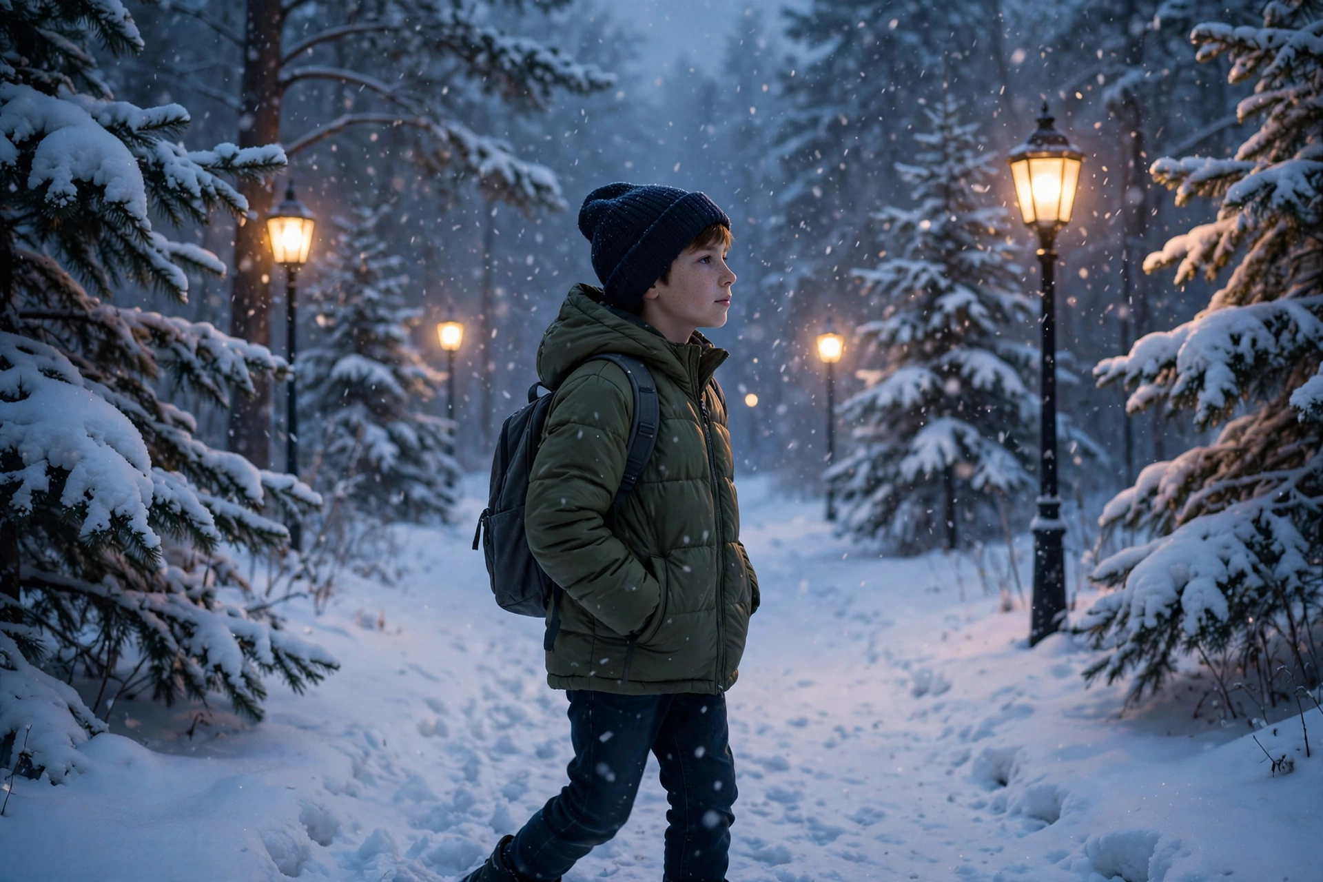 Boy Snowfall Walk